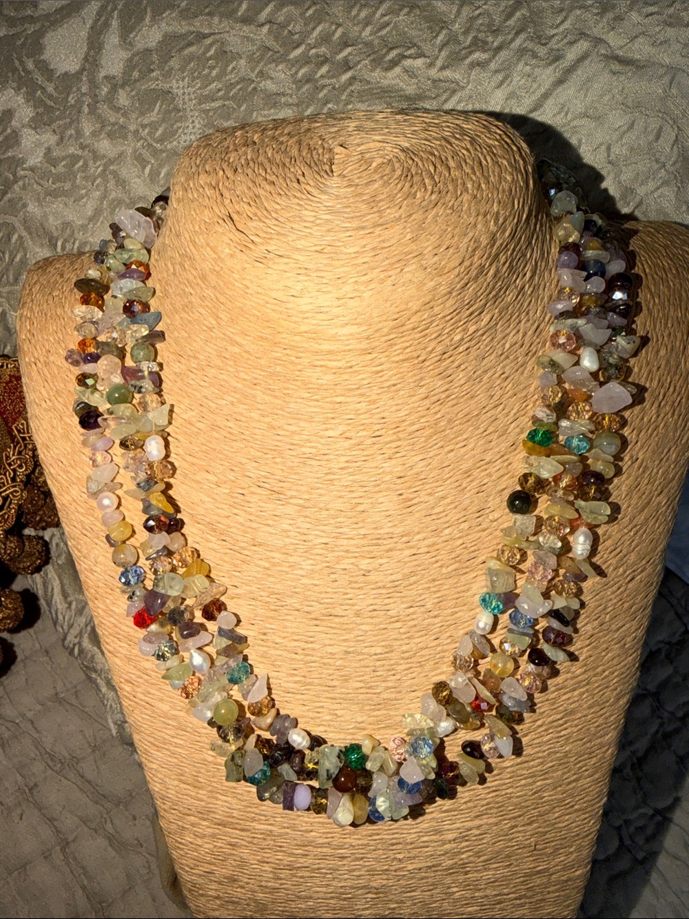 Triple strand Multi Color Gemstone and fresh water pearls withcrystals Necklace